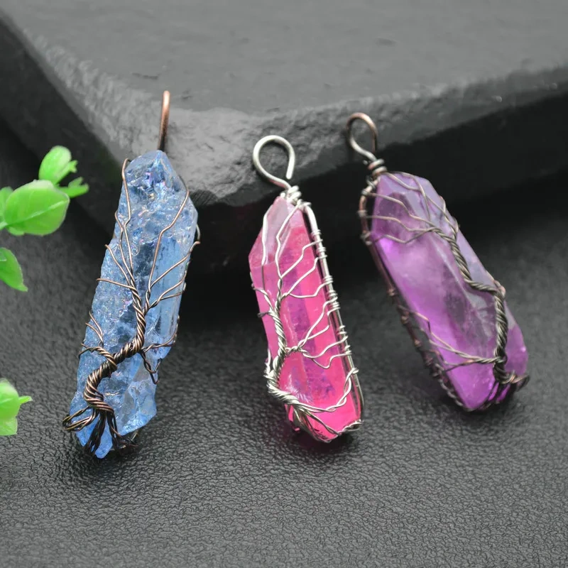 Colorful Winding Wire Life Tree Guard Crystal Natural Gemstone Pendant Fit Necklace Jewelry DIY Making Supplies