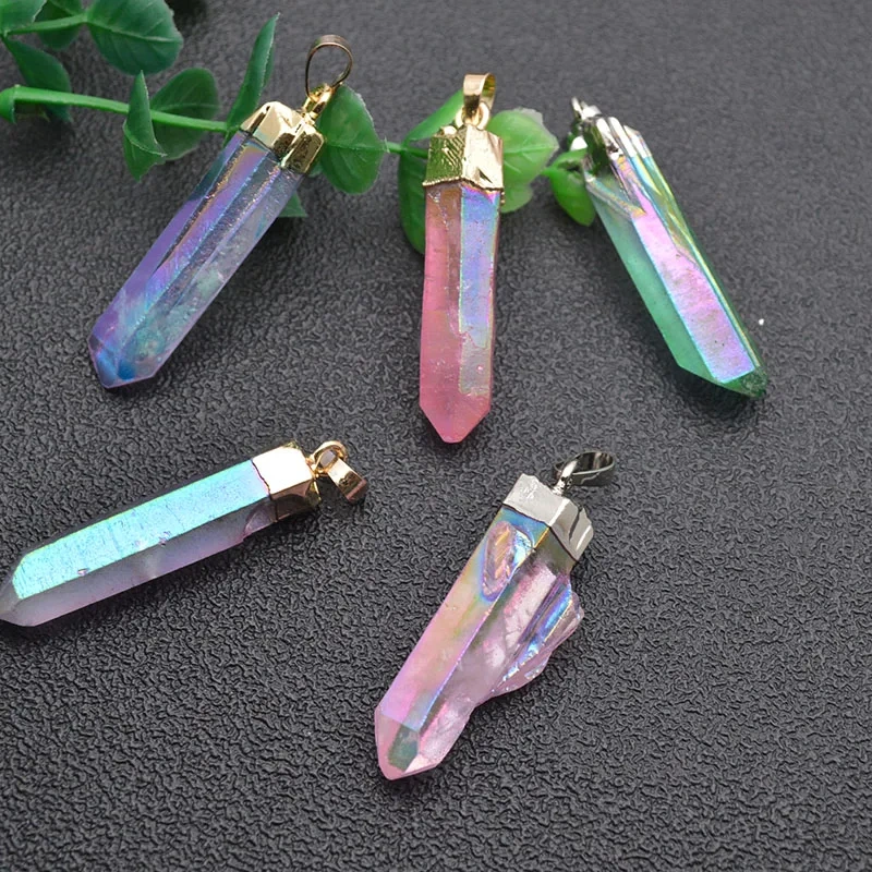 5pc  Fine Jewelry Electroplated Natural Crystal Pillar Pendants Long Stick Shape Fit Necklace Pendant Making Supplies