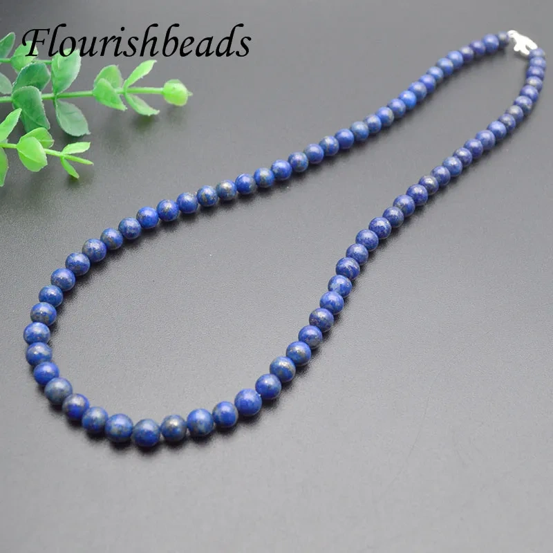 High Quality 6mm Round Beads Natural Lapis Necklace Chain with 925 Silver Clasp for Women Men Wholesale Jewelry Gift