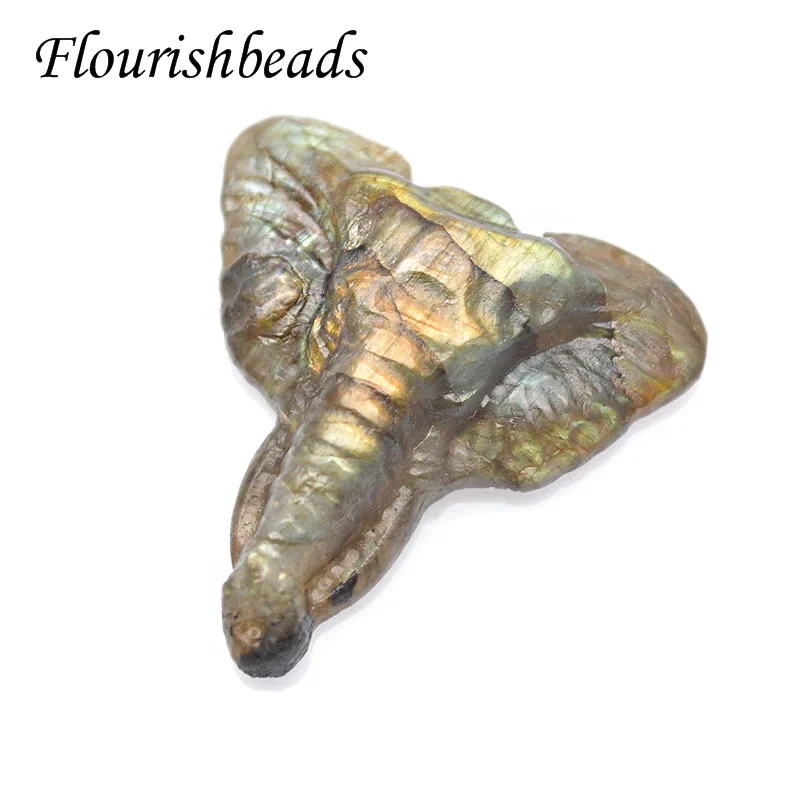 Natural Labradorite Stone Carved Elephant Shape Buddhism  Amulet Lucky Pendant for DIY Necklace Making Supplies