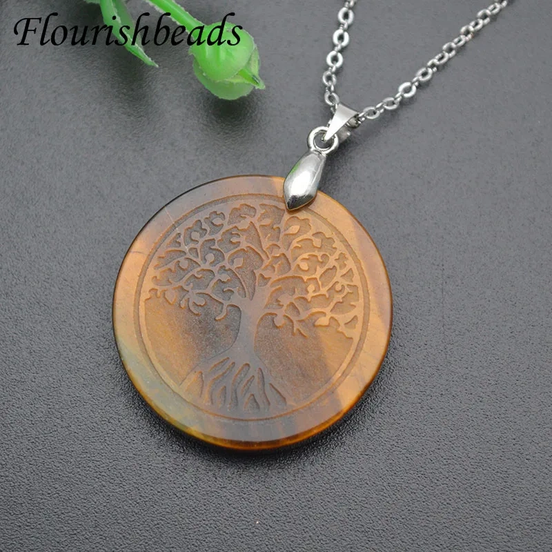 5pcs/lot Tree of Life Gemstone Amethyst Round Pendant Necklace Women Jewelry Luck Power Gift