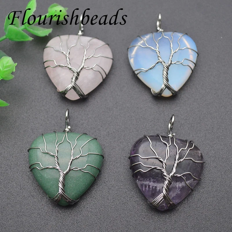 5cps/lot New Natural Stone Heart Shape Necklace Pendant for Jewelry Gift（ Amethyst / Crystal / Rose Quartz /Green Aventurine)