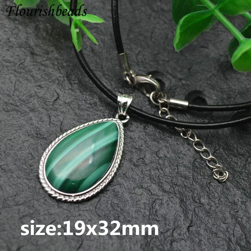 Natural Malachite Stone Free From Impurities Gemstone Water Drop Annual Circle Pendant Leather Chain Necklace Vintage Jewlery