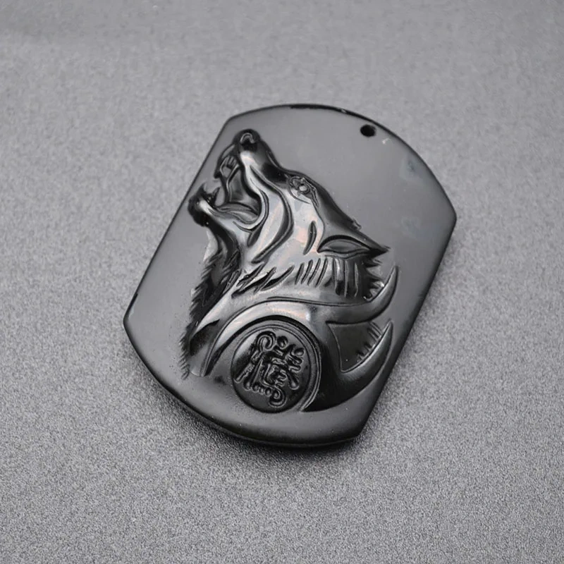 1pc Natural Black Obsidian Stone Rectangle Shape Carved Wolf Head Stone Wild Style Pendants Fit Necklace Makings
