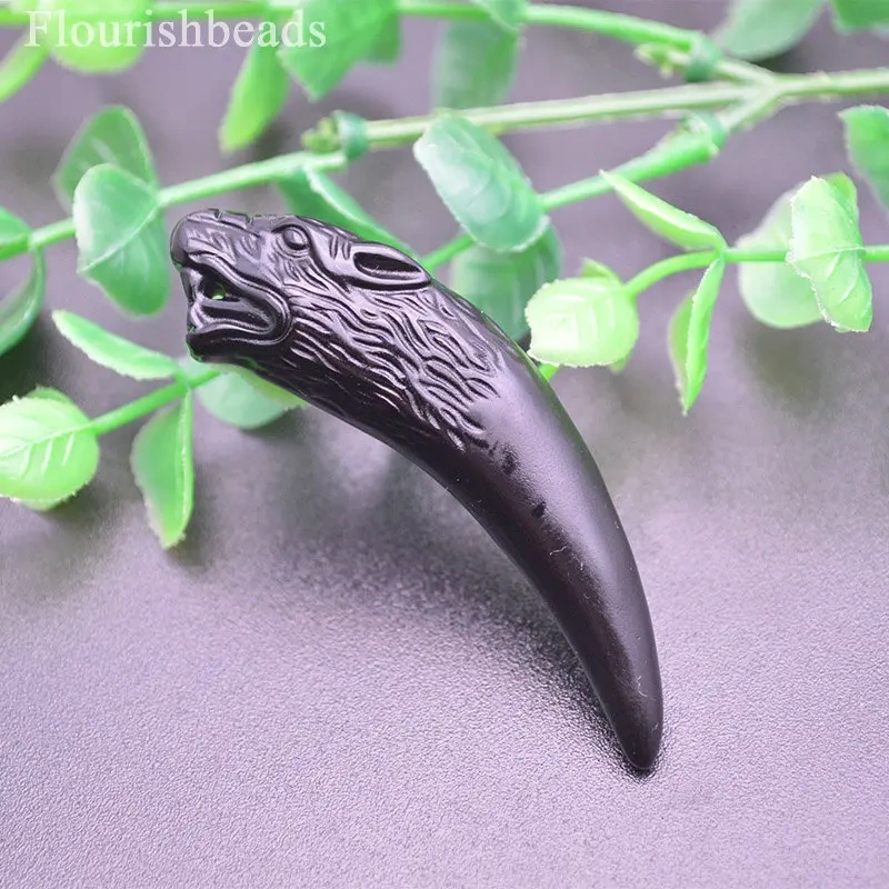 5pc Cool Men Jewelry Carved Wolf Head Teeth Claw Shape Natural Black Obsidian Stone Necklace Pendants