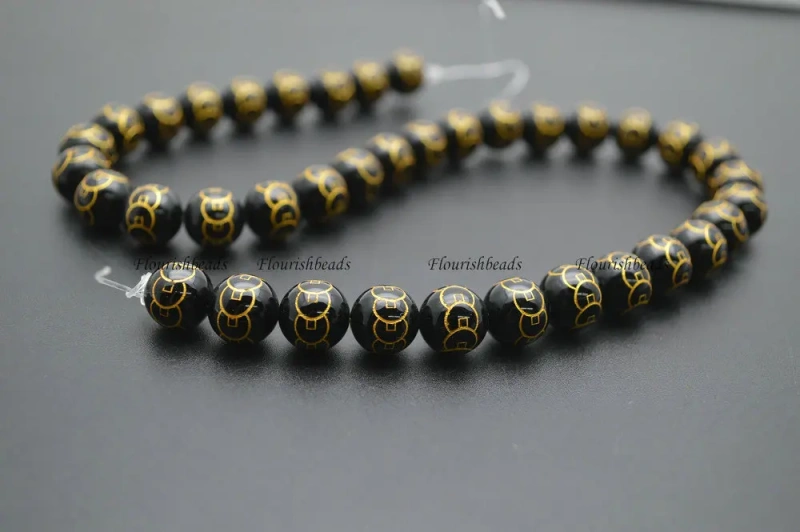 Gold Color Money Coin Veins Natural Black Agate Stone Round Loose Beads 8mm 10mm 12mm 14mm 5 strands per lot