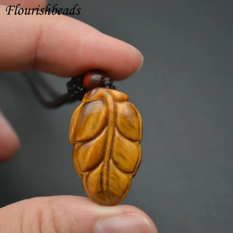 Unique Design Natural Tiger Eye Gemstone Leaf Shape Pendants Necklace Adjustable Cord Jewelry Party Gift