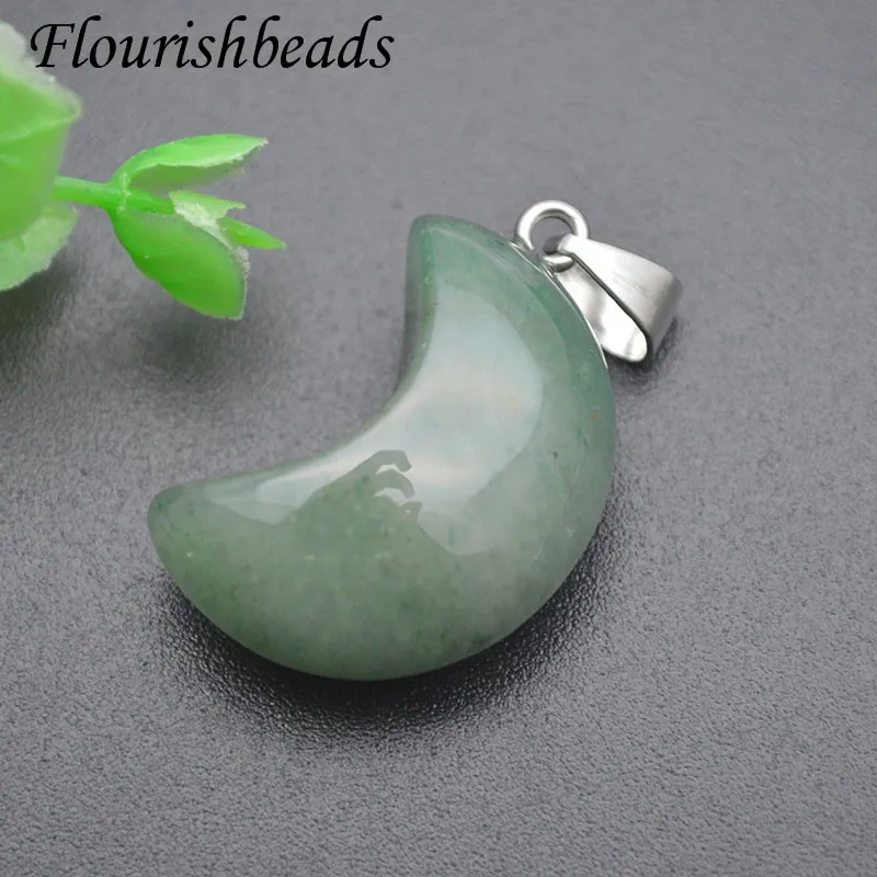 20x28mm Moon Shape Natural Stone Green Aventurine Rose Quartz Obsidian Crystal Charms Pendant DIY Fine Jewery Necklace