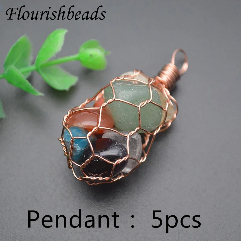 5pcs/lot  Natural Stone Crystal Amethyst Fluorite Polished Stone Nugget Rose Gold Wire Chakra Necklace Jewelry Choker Gifts