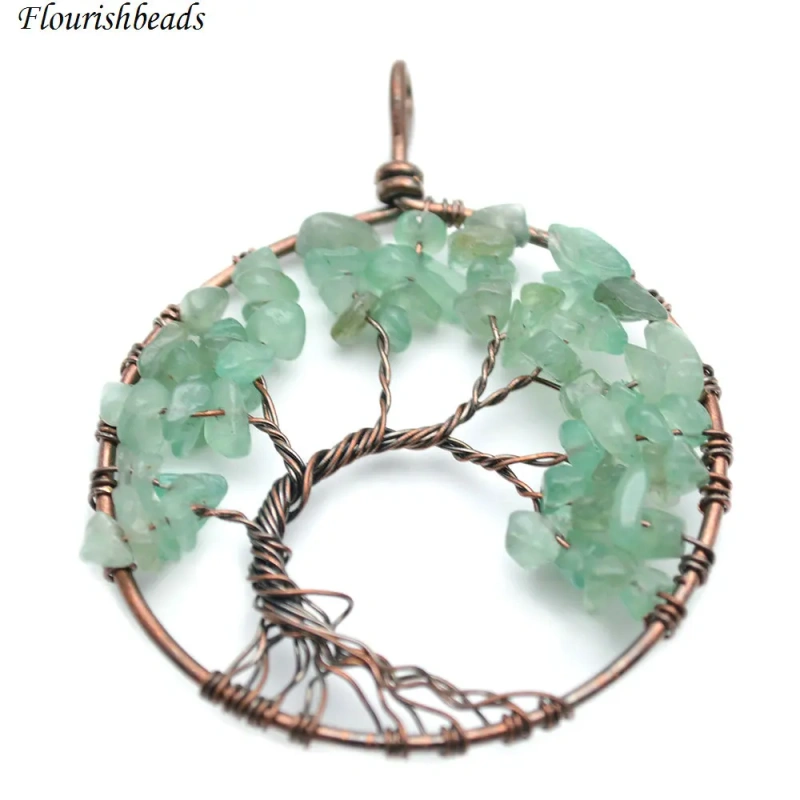 Natural Green Aventurine Stone Chips Antique Copper Color Wire Wrapped Life Tree Energy Pendant