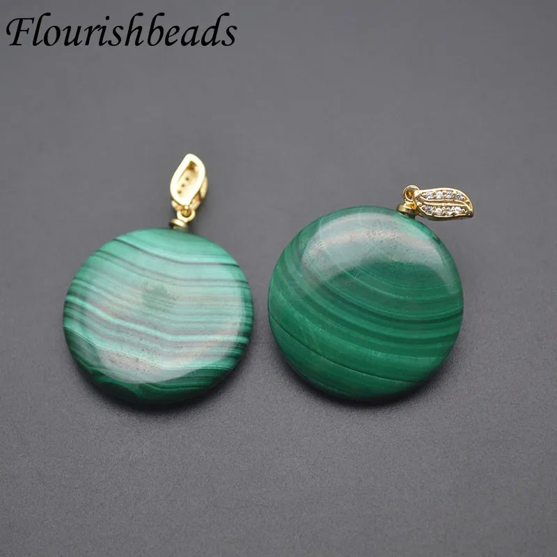 Natural Malachite Round Flat Pendant with Paved CZ Clip Clasp for Women DIY Necklace Jewelry Making