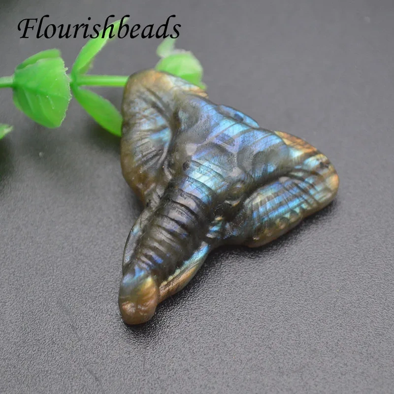 Natural Labradorite Stone Carved Elephant Shape Buddhism  Amulet Lucky Pendant for DIY Necklace Making Supplies