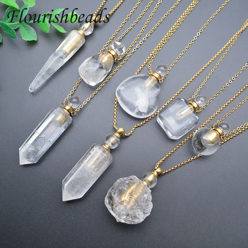 Multi Style Natural Stone Crystal Perfume Bottle Essential Oils Pendant Necklace Fine Jewelry Women Gift