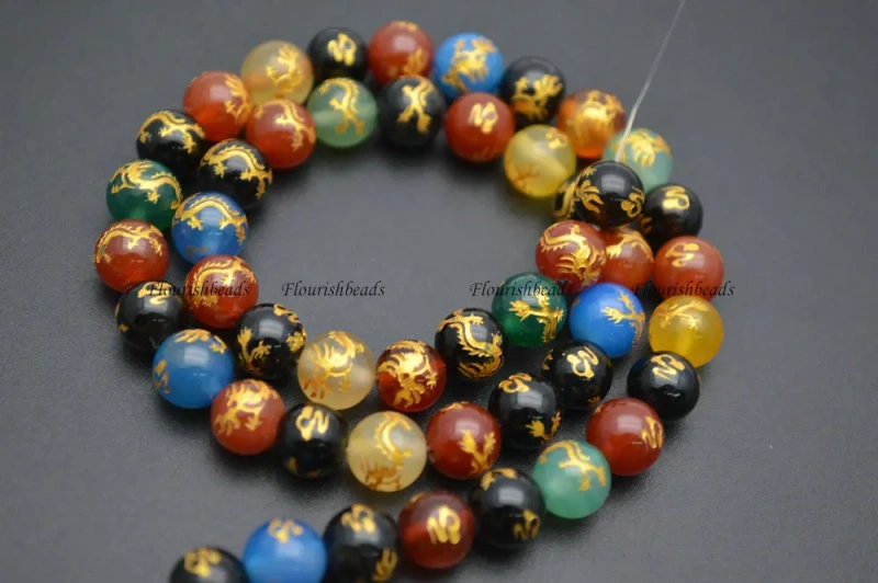 8mm Carved Chinese Dragon Veins Multi Color Natural Agate Stone Round Loose Beads