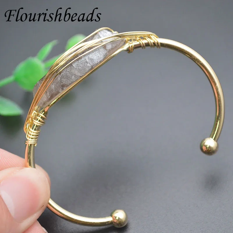 Natural Stone Raw Irregular Smoking Quartz Crystal Open Cuff Bangle for Women Men Gold Color Wire Wrap Bracelet Jewelry