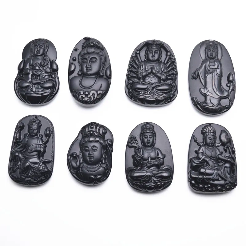 Carved Guanyin Buddha Black Pendant Natural Obsidian Stone Pendants Gemstone DIY Necklace for Woman Jewelry Making Supplies