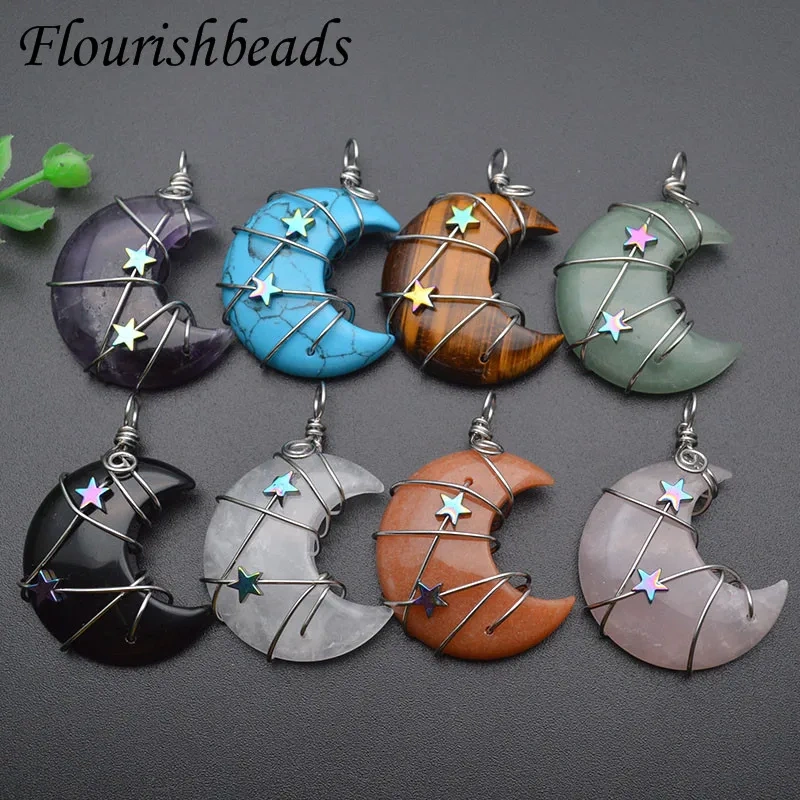 5pcs/lot Gemstone Carved Moon Shaped Necklace Healing Crystals Tiger Eye Pendant Jewelry Gift
