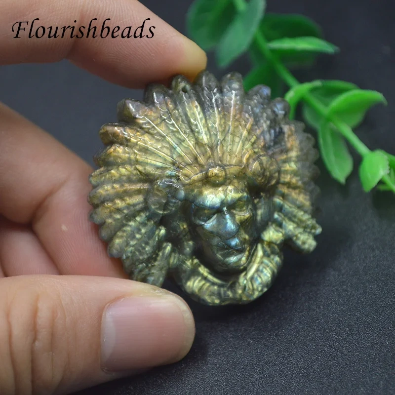 Crystal Indian Head Pendant Natural Labradorite Human Head Carving Gem DIY Necklace Jewelry Making Halloween Gift