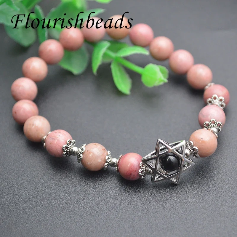 Natural Gemstone 8mm Beads Pink Rhodonite White Howlite  Green Aventurine Star Charms Bracelet for Women Men Fine Jewelry Gift