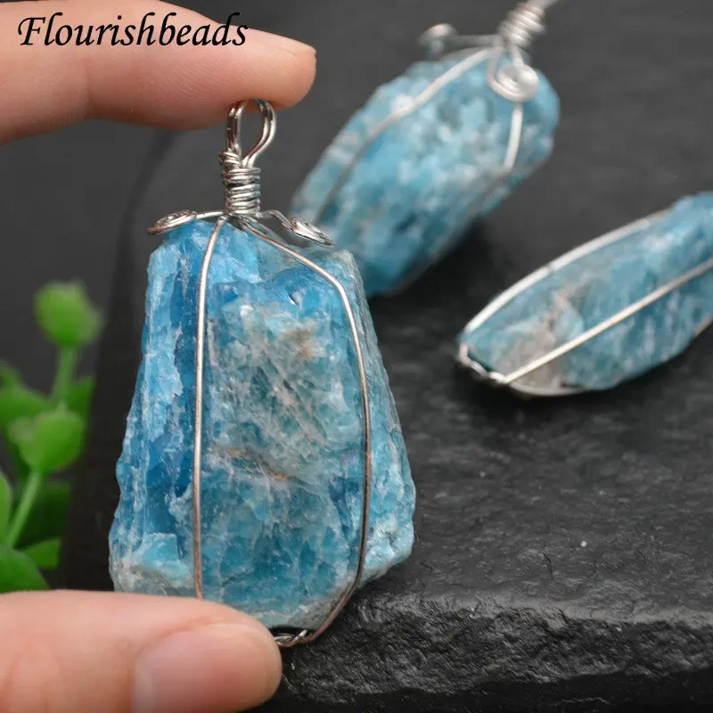 Wire Wrapped Natural Blue Apatite Rough Raw Stone Nugget Pendant Gemstone DIY Necklace for Woman Man Jewelry Making Supplies