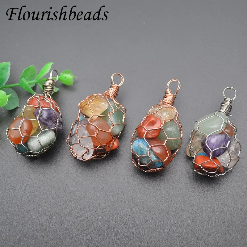 5pcs/lot  Natural Stone Crystal Amethyst Fluorite Polished Stone Nugget Rose Gold Wire Chakra Necklace Jewelry Choker Gifts