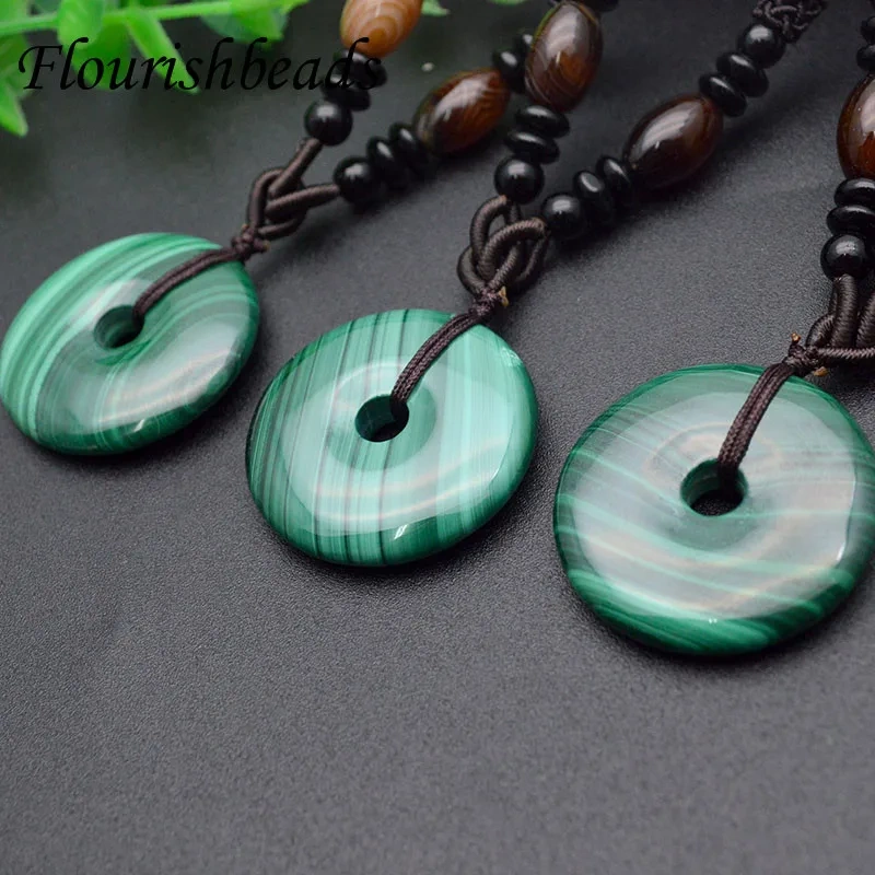 High Quality Natural Malachite Round Dount Shape Pendant Necklace with Rope for Fine Jewlery 3pcs Per Lot