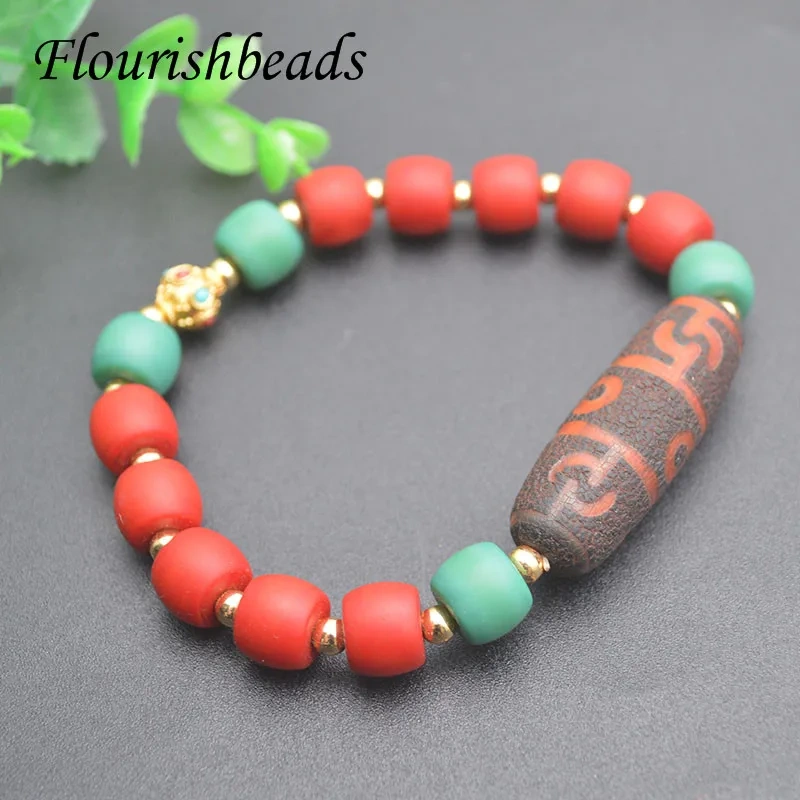 Wholesale 2pcs/lot Vintage Style Tibetan Dzi Bead Energy Healing Bracelet Metal Gold Liuli Beads Bracelet