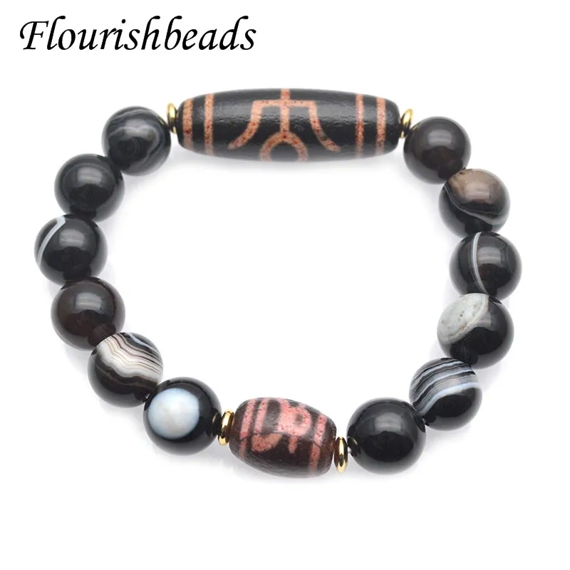 Natural Tibetan Dzi Beads 12mm Black Agate Beads Stretch Bracelets Men&amp;women Fine Jewelry