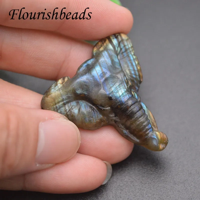 Natural Labradorite Stone Carved Elephant Shape Buddhism  Amulet Lucky Pendant for DIY Necklace Making Supplies