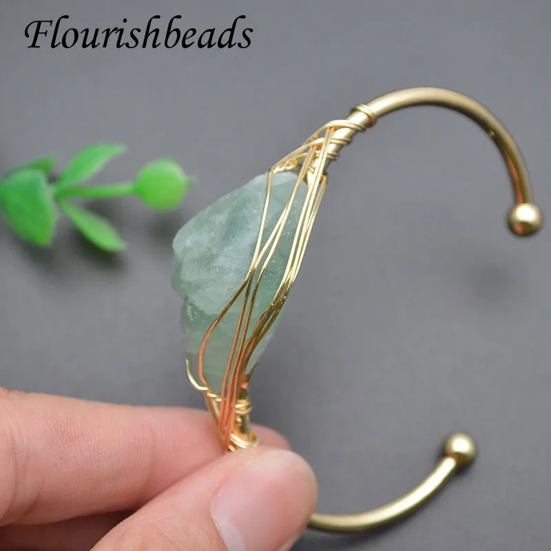 Natural Stone Green Flourite Cuff Bracelets Gold Color Wore Wrap Raw Crystal Quartz Bangle Women Fashion Jewelry Gift