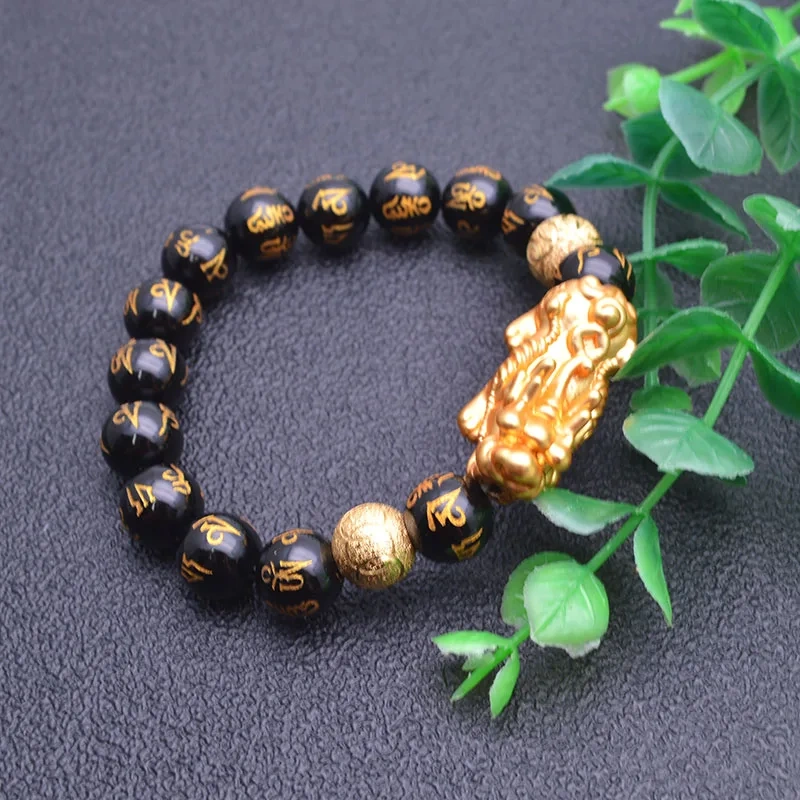 Wholesale 5pc Carved Gold Color Buddhist Words Natural Black Onyx Round Beads Metal Money Pixiu Charm Bracelet Man Jewelry