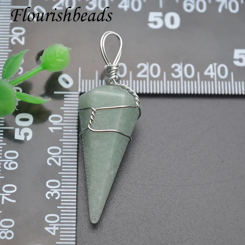 Wholesale 18x40mm Natural Stone Tourmaline  Amethyst Crystal Hexagonal Cone Metal Winding Luck Pendants for DIY Necklace