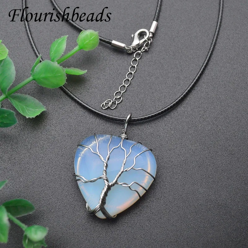 Natural Stone Crystal Aventurine Amethyst Rose Quartz Heart Shape Tree Life Winding Pendant Necklaces Jewelry Energy Yoga Gift