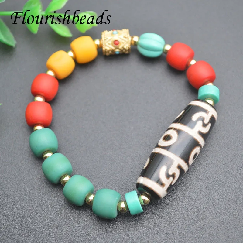 Wholesale 2pcs/lot Vintage Style Tibetan Dzi Bead Energy Healing Bracelet Metal Gold Liuli Beads Bracelet