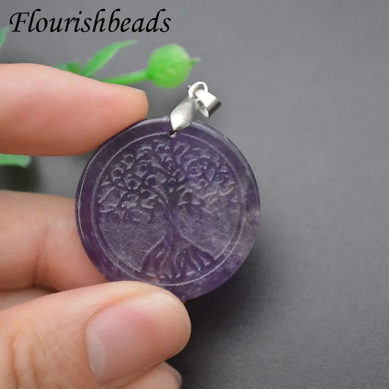 5pcs/lot Tree of Life Gemstone Amethyst Round Pendant Necklace Women Jewelry Luck Power Gift