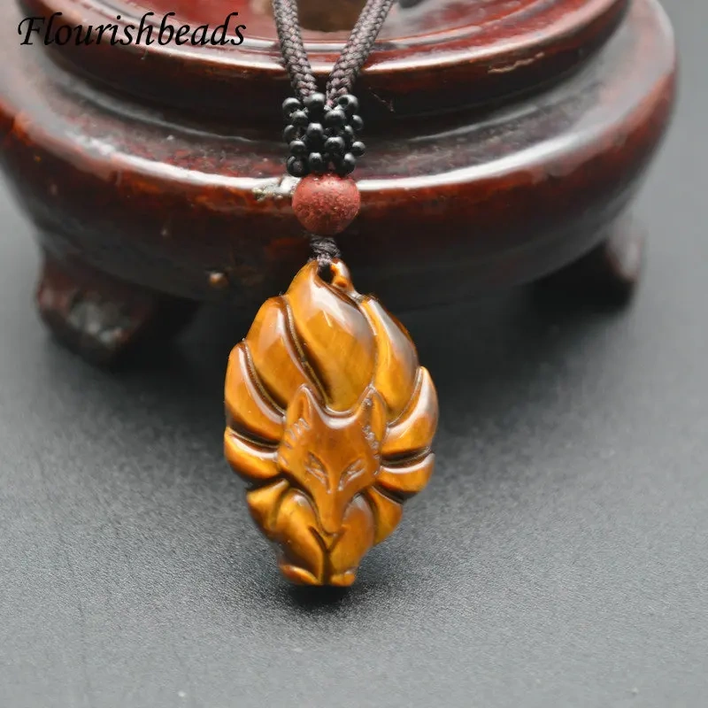 Popular Natural Tiger Eye Gemstone Nine-tailed Fox Shape Animal Pendants Necklace Unique Adjustable Cord Jewelry Party Gift