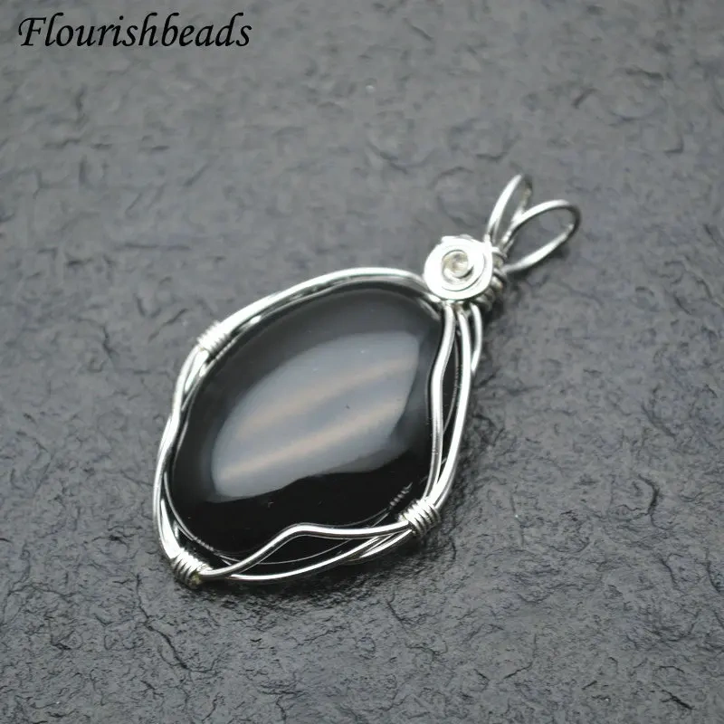 Handmade Winding Wire Natural Gemstone Oval Egg Shape Pendant Fit Necklace Jewelry DIY Stuff Tiger Eye / Pink Quartz / Agate