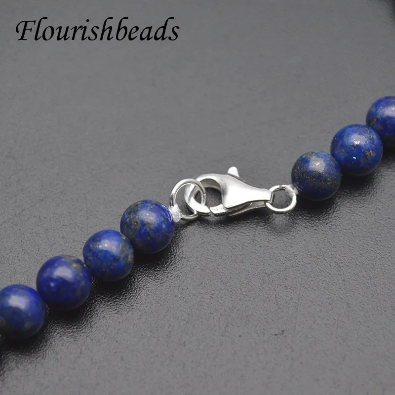 High Quality 6mm Round Beads Natural Lapis Necklace Chain with 925 Silver Clasp for Women Men Wholesale Jewelry Gift
