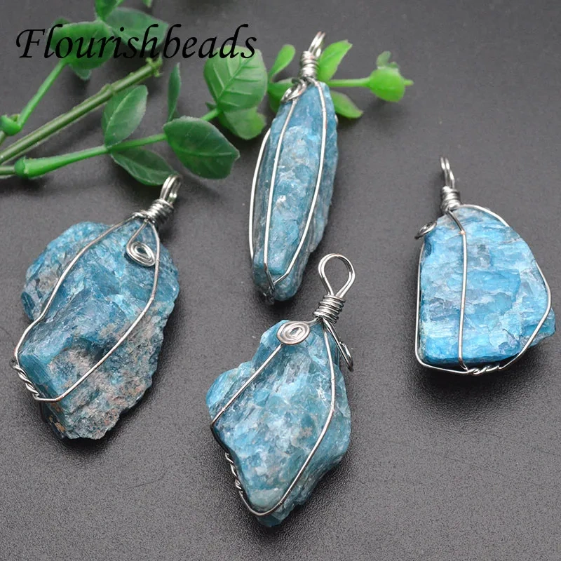 5pc Wire Wrapped Natural Irregular Blue Apatite Rough Raw Stone Nugget Pendant Gemstone DIY Necklace for Jewelry Making Supplies