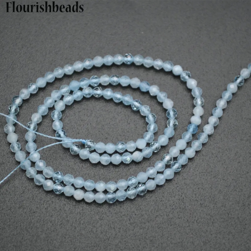 3mm Diamond Cutting Faceted Natural Aquamarine Small Size Stone Round Loose Beads