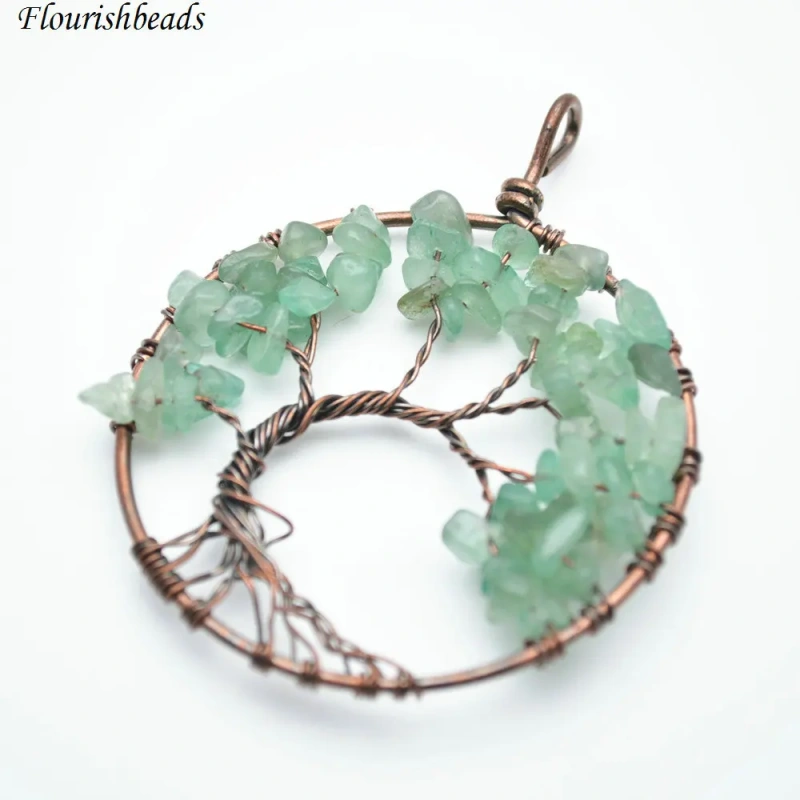 Natural Green Aventurine Stone Chips Antique Copper Color Wire Wrapped Life Tree Energy Pendant