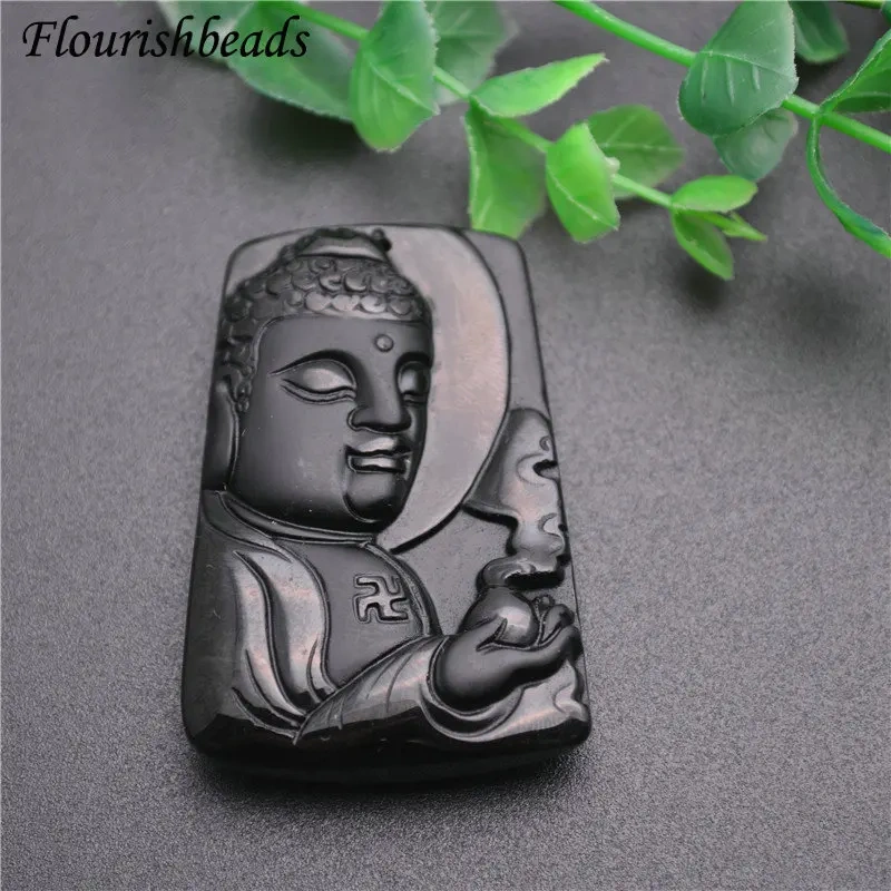 Black Square Pendant Natural Obsidian Stone Pendants Carved Buddha Gemstone DIY Necklace for Woman Man Jewelry Making Supplies