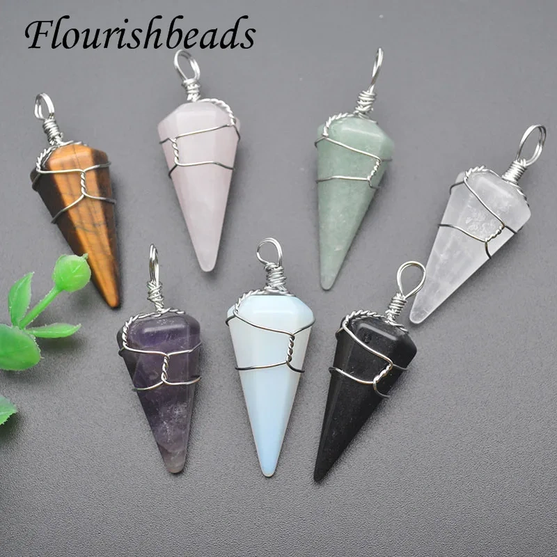 Wholesale 18x40mm Natural Stone Tourmaline  Amethyst Crystal Hexagonal Cone Metal Winding Luck Pendants for DIY Necklace