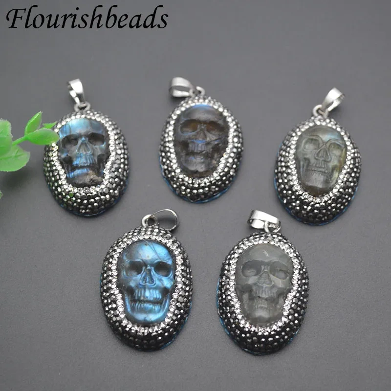 Natural Fluorite Carved Skull Head Paved Crystal Pendant Personalized Creative Jewelry Gift