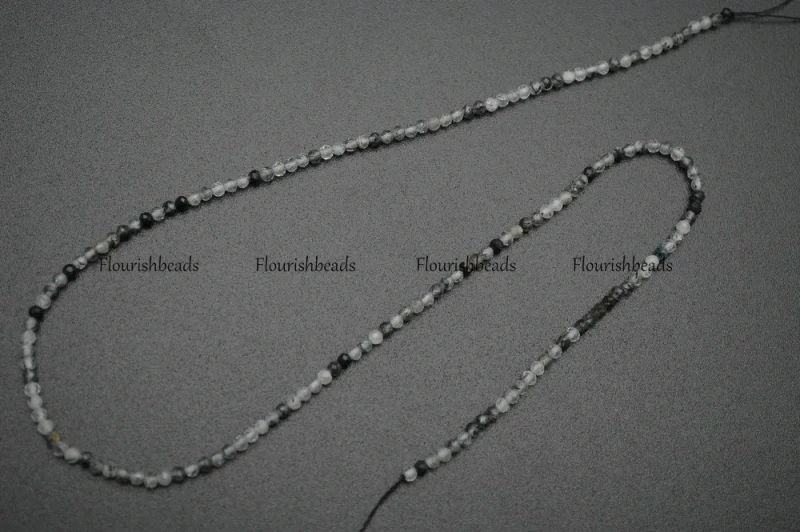 3mm Diamond Cutting Natural Black Black Rutilated Quartz Faceted Stone Round Loose Beads
