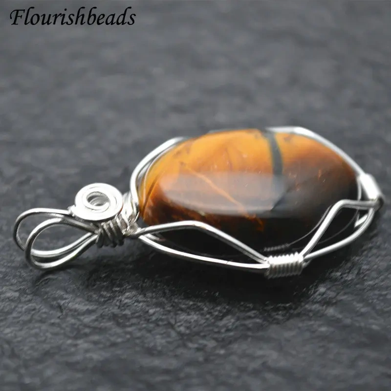 Handmade Winding Wire Natural Gemstone Oval Egg Shape Pendant Fit Necklace Jewelry DIY Stuff Tiger Eye / Pink Quartz / Agate