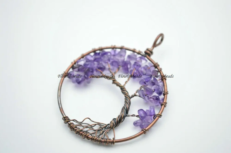 High quality Natural amethyst Stone Chips antique copper color wire wrapped Life Tree Metal Pendant