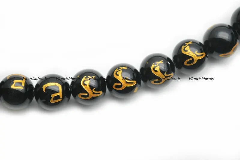 Natural Black Agate Round Loose Beads Carved 12 Chinese Zodiac Tranditional Bead Jewelry Making 12strands/lot