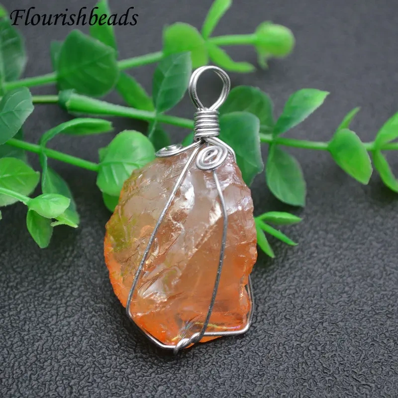 Wire Wrap Crystal Pendant Electroplating Stone Nugget for DIY Necklace Punk Jewelry Making Supplies Blue / Gold / Orange / White