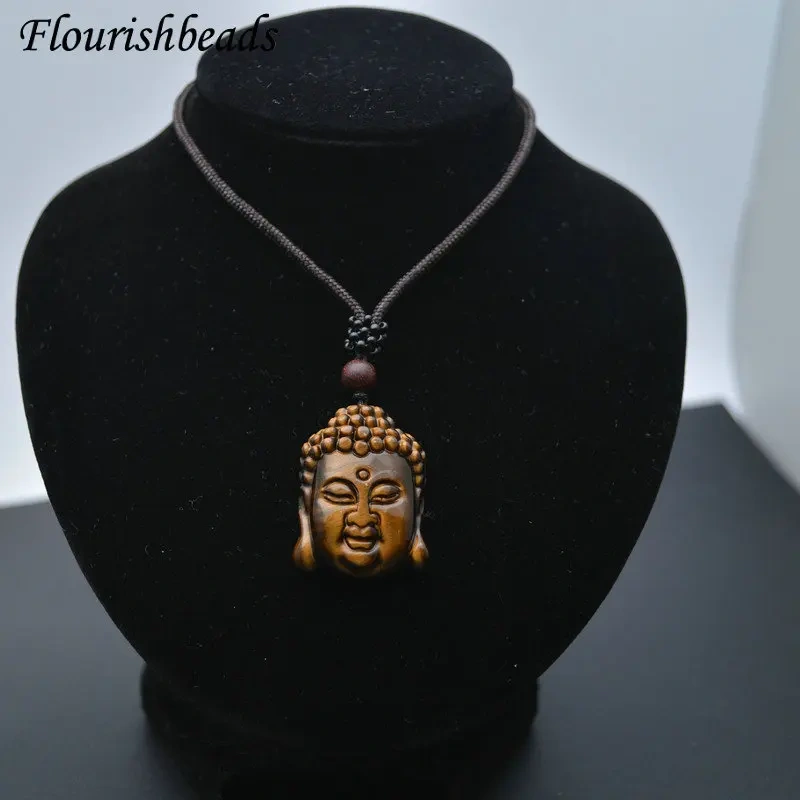 Natural Tiger Eye Gemstone Carved Buddha Head Shape Pendants Necklace Adjustable Cord Jewelry Party Gift Buddhist Accessories